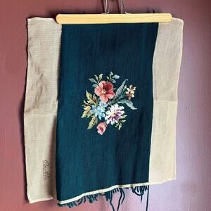 Vintage 60s Emerald Green Floral Needlepoint Panel Art Cottagecore Embroidered